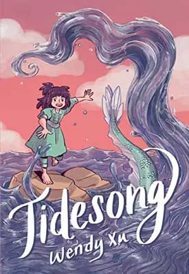 Tidesong by Wendy Xu book cover with illustrated person standing on rock surrounded by water with wave and fish like tail diving into water