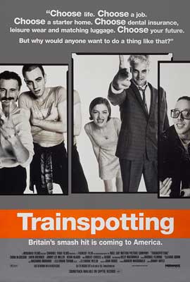 Trainspotting Film Poster with black and white images of people and scenes from the movie