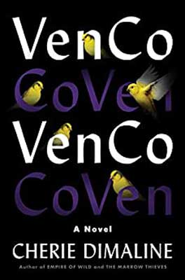 VenCo by Cherie Dimaline book cover with purple and white title and little yellow birds sitting among the letters