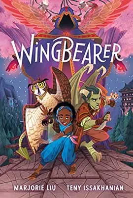 Wingbearer by Marjorie M. Liu book cover with illustrated person, monster, and owl