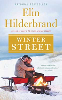 Winter Street by Elin Hildebrand book cover with two people cuddling on red seating in front of fire outside with a snowy landscape