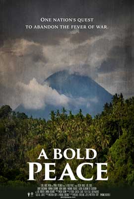 A Bold Peace Movie Poster with image of blue mountain with clouds surrounded by green forest