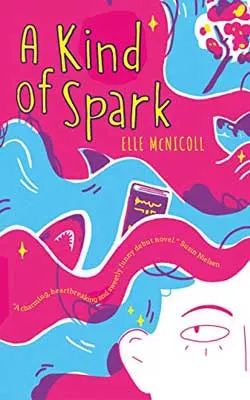 A Kind of Spark by Elle McNicoll book cover with illustrated person's head with large pink and blue hair strands with sharks in between