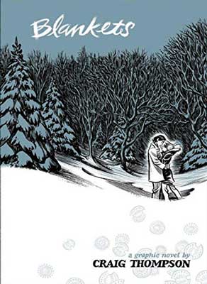 Blankets by Craig Thompson book cover with snowy forest with trees and two people embraced