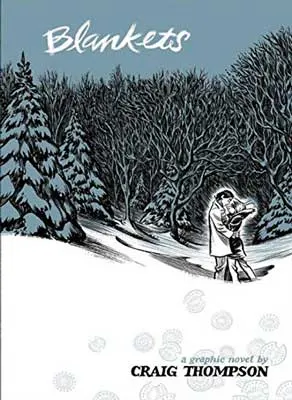 Blankets by Craig Thompson book cover with snowy forest with trees and two people embraced