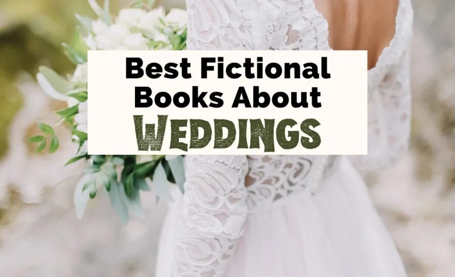 Books About Weddings with person in long white wedding dress holding white and green bouquet of flowers with back toward camera