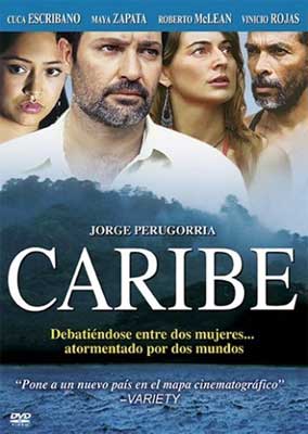 Caribe Film Poster with two men and two women's faces over jungle landscape