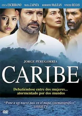 Caribe Film Poster with two men and two women's faces over jungle landscape