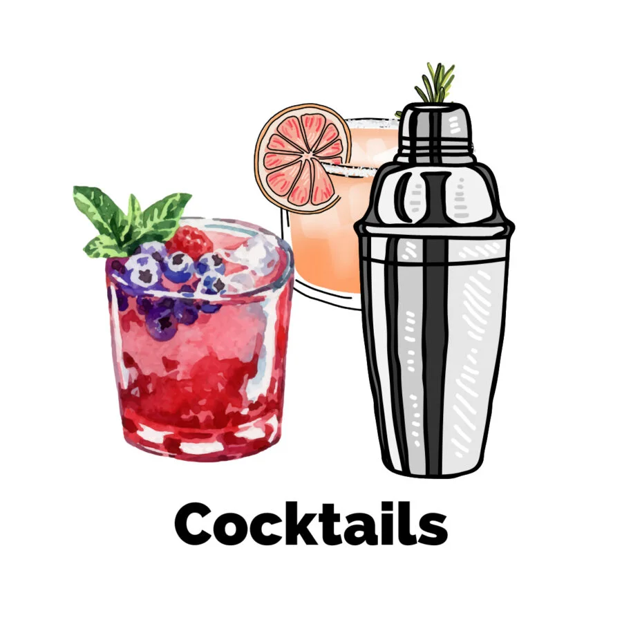 Cocktails Around The World with red cocktail with purple berries and pink cocktail with pink wedge next to silver cocktail shaker