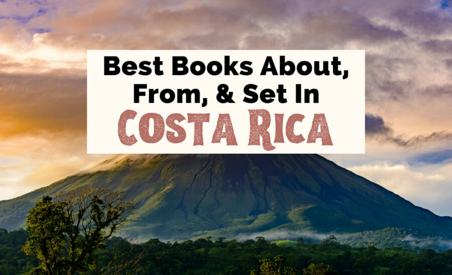 Costa Rica Books with image of green volcano with purple and orange sky with clouds