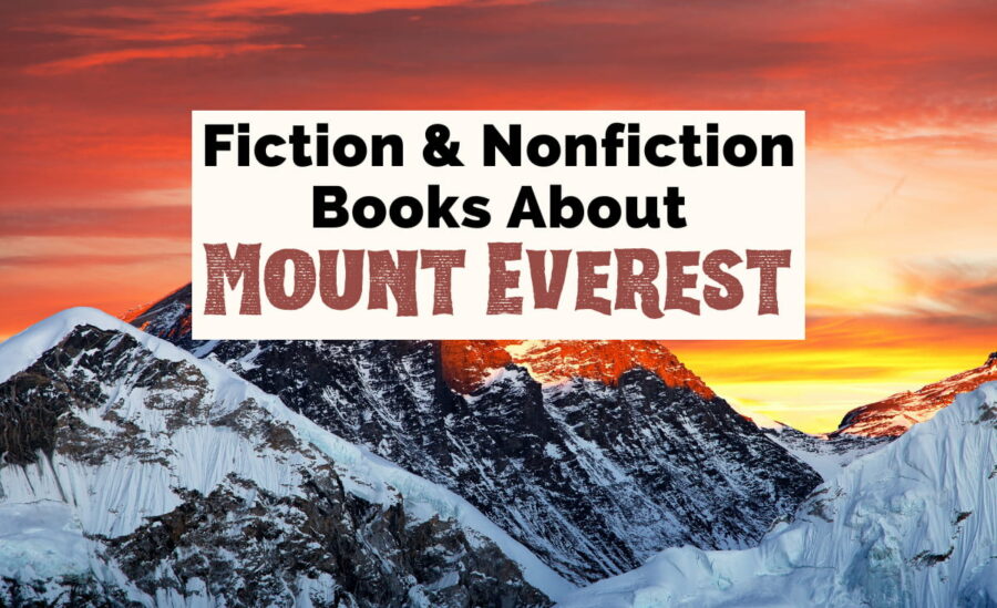 Everest books with image of Mount Everest, a snowy mountain, with yellow and orange sky