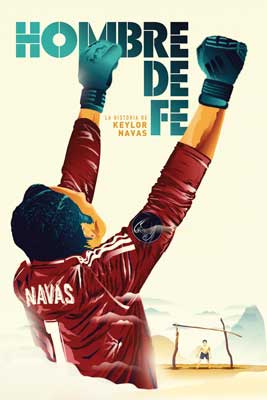 Hombre de Fe Movie Poster with person in red shirt with name and number on back with gloved hands up in air