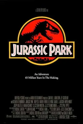 Jurassic Park movie poster with image of dinosaur with red background and title of movie