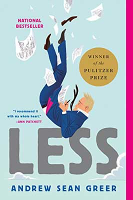Less by Andrew Sean Greer book cover with man in suit falling with papers flying everywhere
