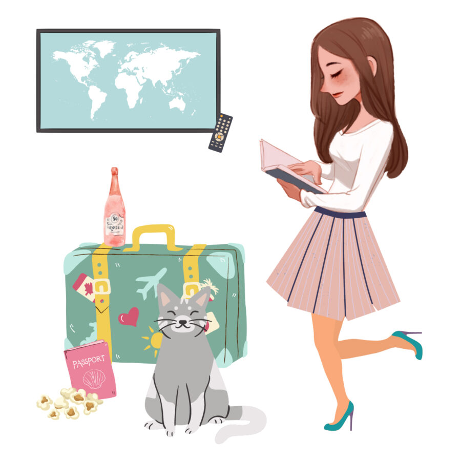 Meet Christine with graphic of brunette female in pink skirt with a gray and white cat, suitcase, bottle of pink wine, pink passport, and image of map on TV