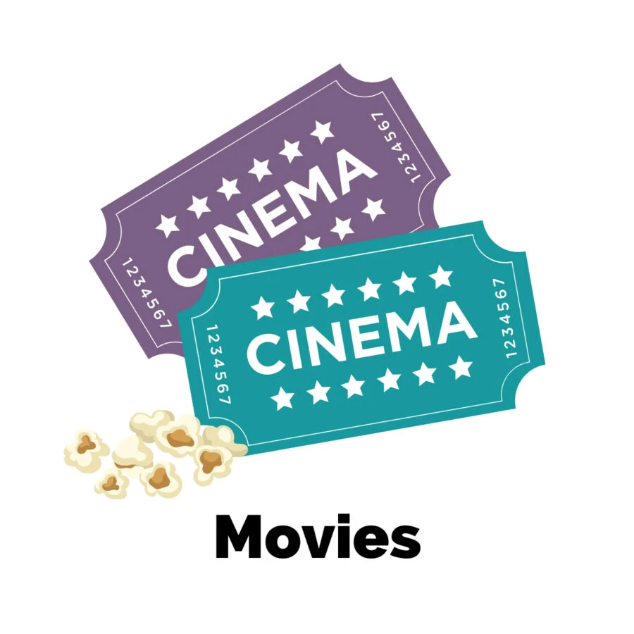 Movies Around The World on TUL with graphic image of purple and turquoise movie tickets with yellow popcorn