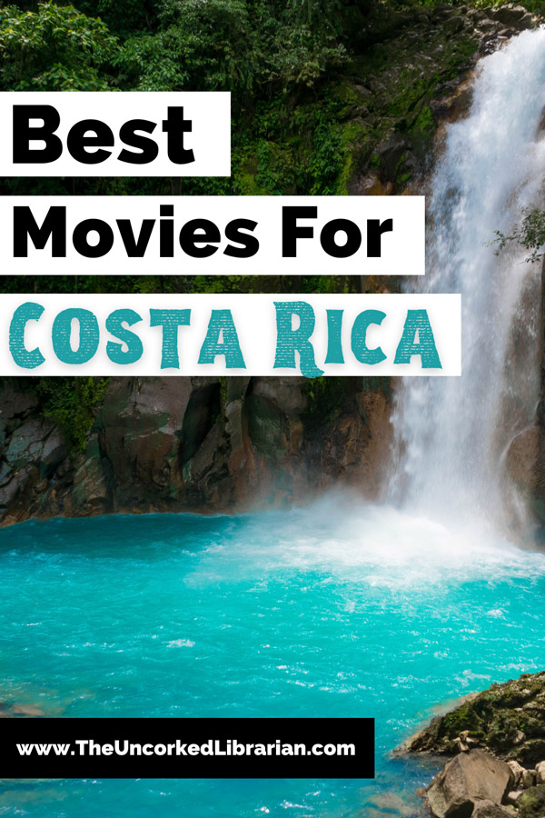 Movies on Costa Rica Pinterest Pin with image of waterfall falling into pool of turquoise water in jungle 