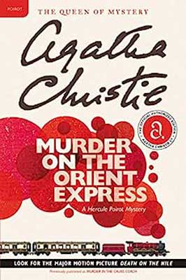 Murder On The Orient Express by Agatha Christie book cover with train with red steam