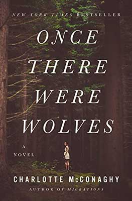 Once There Were Wolves by Charlotte McConaghy book cover with person standing in middle of darker forest