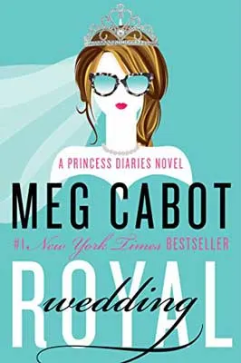 Royal Wedding by Meg Cabot book cover with white person with sunglasses and brown highlighted hair wearing wedding veil