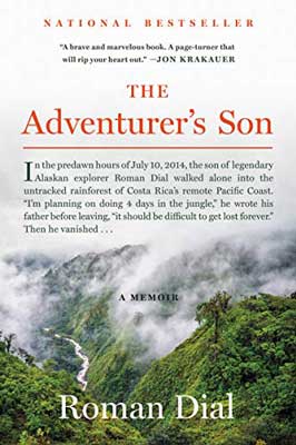 The Adventurer's Son by Roman Dial book cover with cloudy and foggy green mountain with water running through it