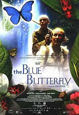The Blue Butterfly Film Poster with two people, ladybug, blue butterfly, and jungle landscape