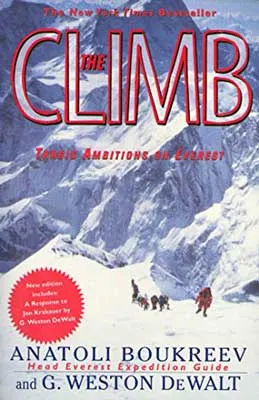 The Climb by by Anatoli Boukreev and G Weston DeWalt book cover with people hiking in snow in mountains