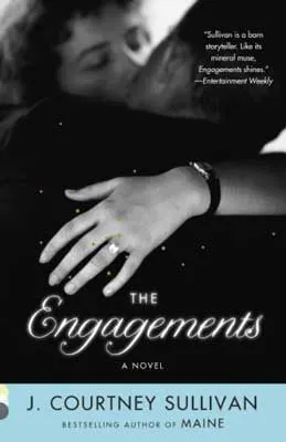The Engagements by J. Courtney Sullivan book cover in black and white with person's arm wearing ring and watch wrapped around another person in an embrace