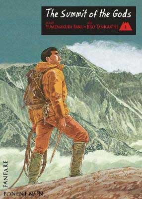 The Summit of the Gods by Jiro Taniguchi book cover with person in yellow climbing coat in snowy mountains