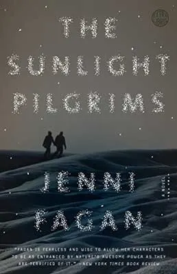 The Sunlight Pilgrims by Jenni Fagan book cover with two people walking on snowy landscape