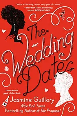 The Wedding Date by Jasmine Guillory book cover with black and white like busts on red background with white hearts