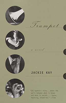 Trumpet by Jackie Kay book cover with black and white circle images of person playing the trumpet