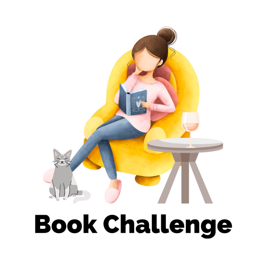Uncorked Reading Challenge with graphic of brunette white person in yellow chair with blue book and table with pink wine and gray cat on floor