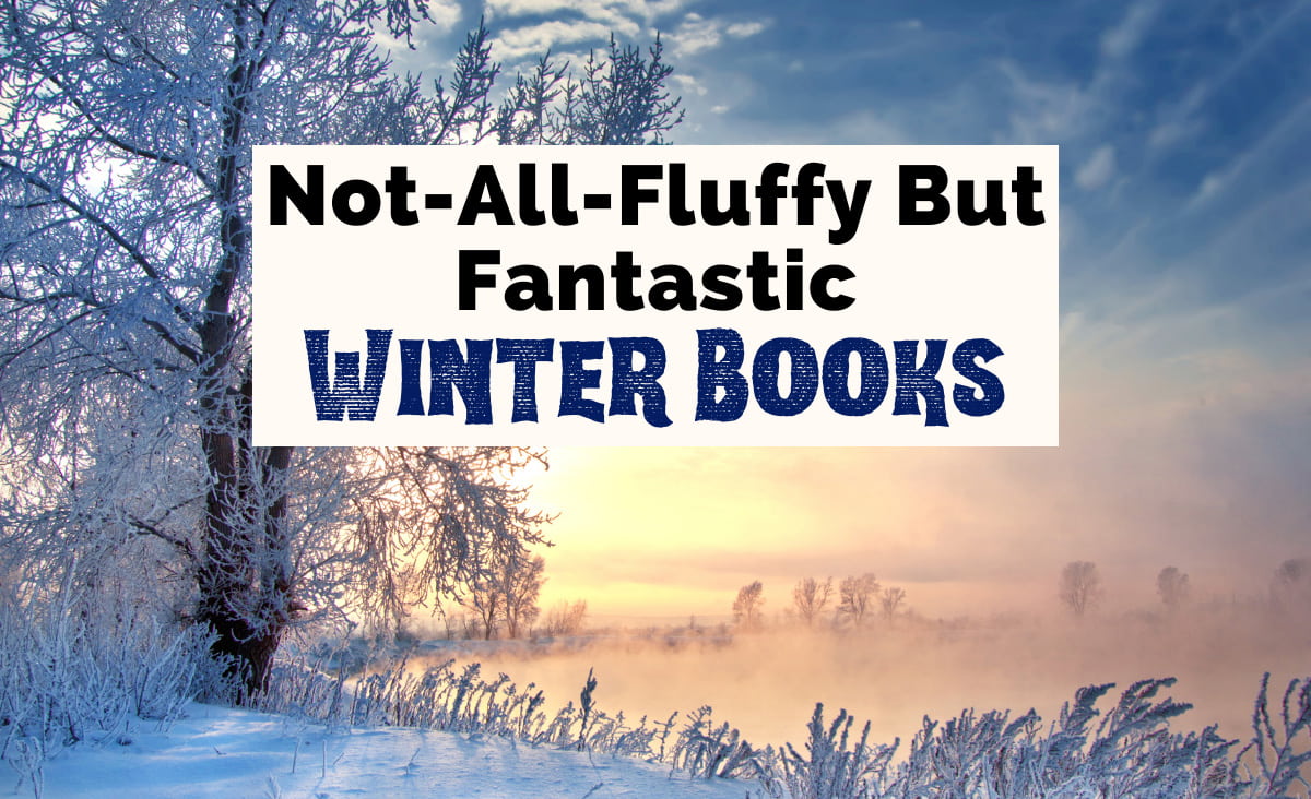 Winter Books with image of pond or lake with snowy fog, tree covered in snow, and cityscape in background