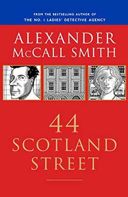 44 Scotland Street by Alexander McCall Smith book cover with red background and three images with people's faces and a building