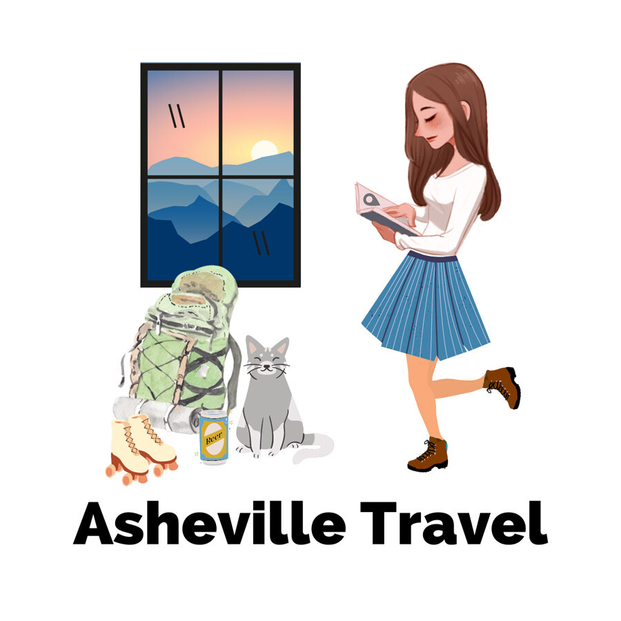 Asheville travel with graphic of brunette woman in blue skirt and hiking shoes holding a book next to gray cat, skates, green backpack, can of beer, and window with mountains at sunrise