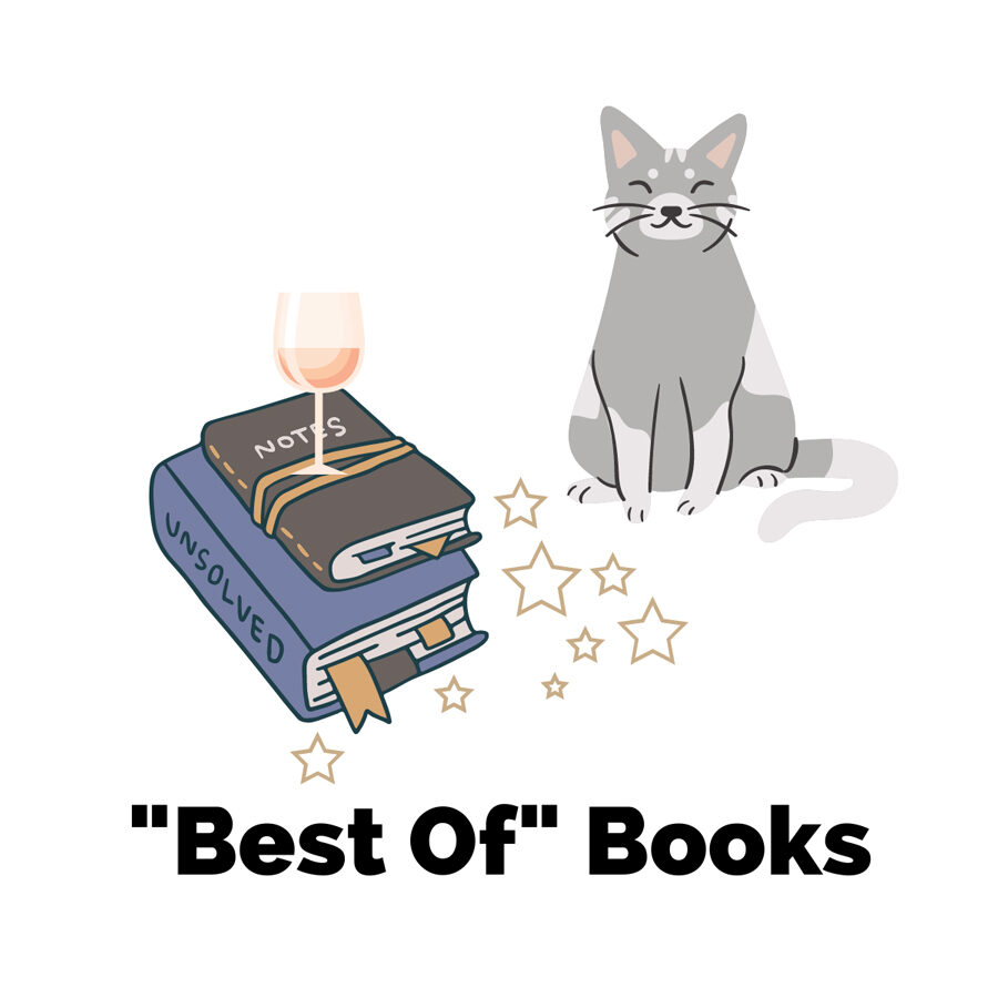 Best Books with gray and purple stacked books with pink wine glass on top next to gray and white cat
