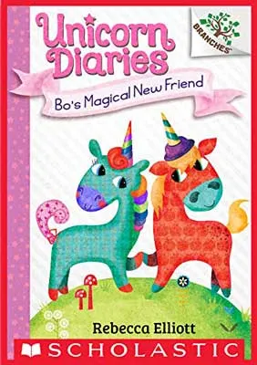 Bo's Magical New Friend by Rebecca Elliot book cover with green and red orange unicorn wearing party hats standing on green hill