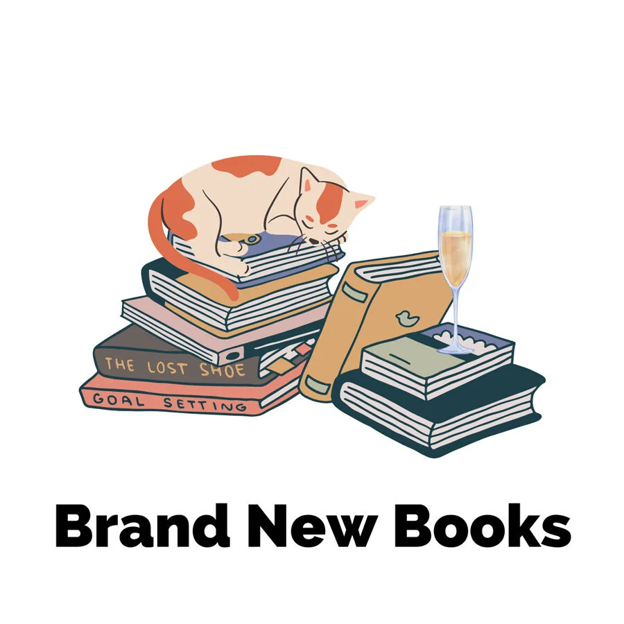 Brand New Books with graphic of orange cat sleeping on pile of books with champagne glass