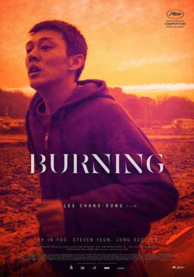 Burning Film Poster with person running in hooded sweatshirt through red and yellow mountain-scape