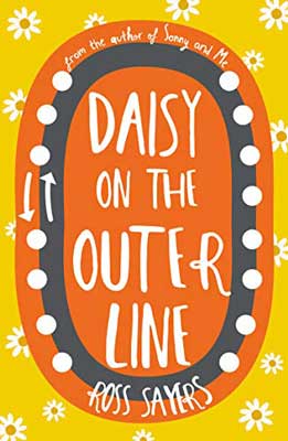 Daisy on the Outer Line by Ross Sayers book cover with orange circle with white dots inside as a circle and gray inner circle with two white arrows, one pointing up and the other down