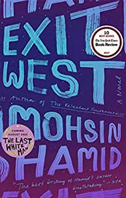 Exit West by Mohsin Hamid book cover with purple and blue colored title and background