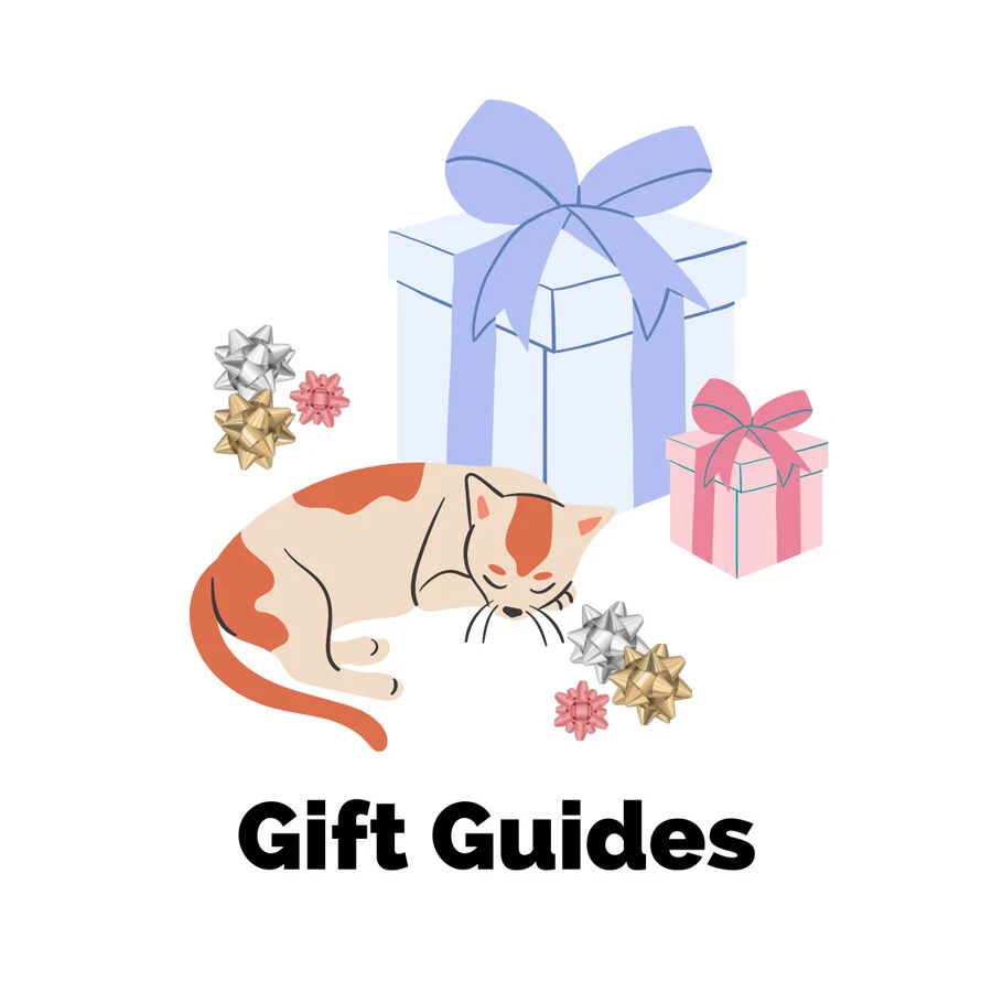 Gift Guides On TUL with orange and gray cats next to purple and pink presents with ribbons