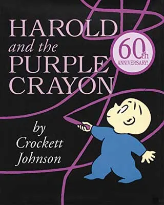 Harold And The Purple Crayon by Crockett Johnson book cover with illustrated little boy wearing blue coloring all over with a purple crayon
