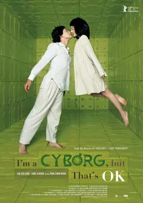 I'm a Cyborg, But That's OK Film Poster with two people in white kissing and one is floating in the air in green room