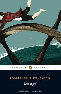 Kidnapped by Robert Louis Stevenson book cover with person holding onto enlarged ship steering wheel