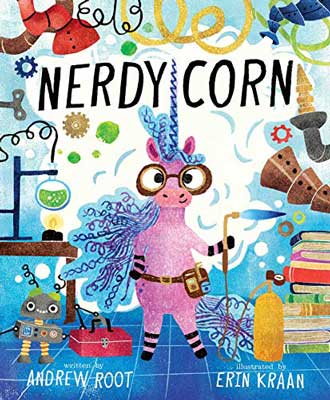 Nerdycorn by Andrew Root book cover with purple unicorn with frizzy blue mane in science lab with books and science equipment