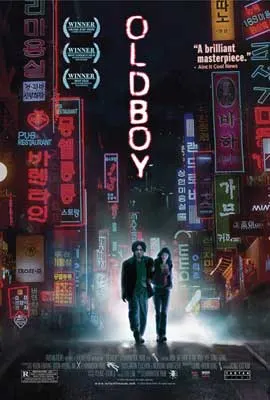 Oldboy Movie Poster with two people walking down dark street with glowing lit signs in Korean