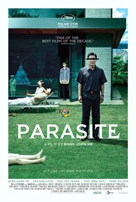 Parasite Film Poster with image of person with line over eyes standing on grass as people lay in lounge chairs