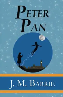 Peter Pan by J.M. Barrie book cover with person flying into moon and night sky as someone on the ground waves